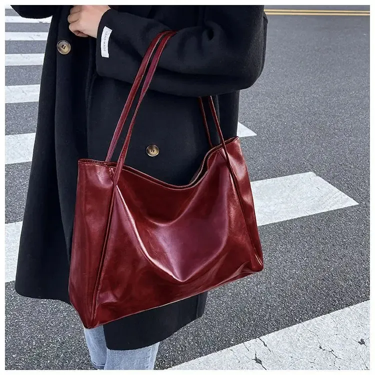 Geantă de umăr din piele pentru femei, model vintage roșu, sport, casual, la modă, capacitate mare, Shopper, Haruku, simplă, geantă de mână_voghion.com