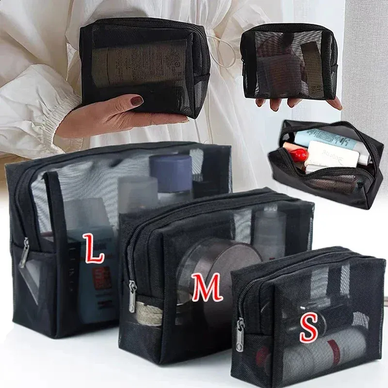 Sacs à cosmétiques transparents en maille 3 tailles, petit et grand sac de maquillage noir, organisateur de toilette de voyage Portable, rangement de rouge à lèvres_voghion.com