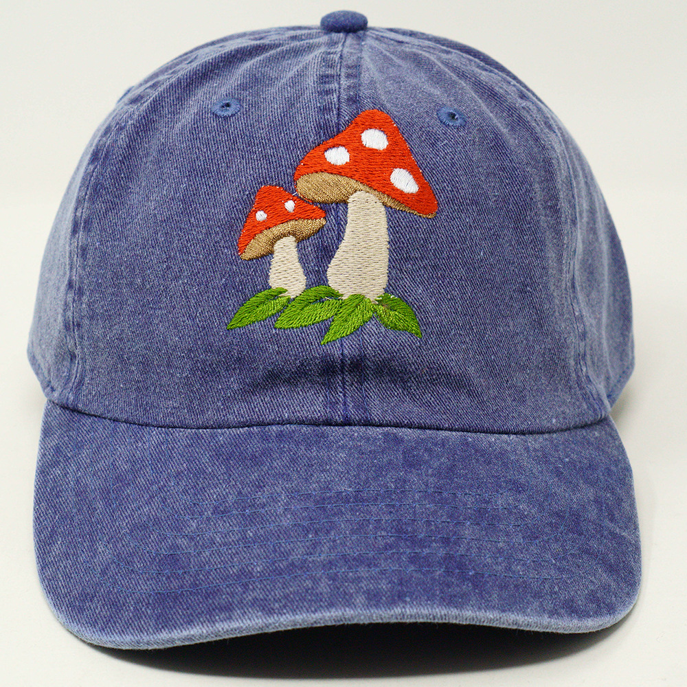 Vintage Washed Cotton Baseball Cap Mushroom Embroidery Dad Hat_voghion.com