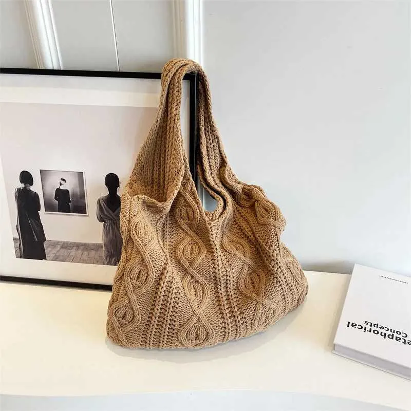 Vintage Strick Schultertasche Für Damen, Große Handtasche Casual_voghion.com