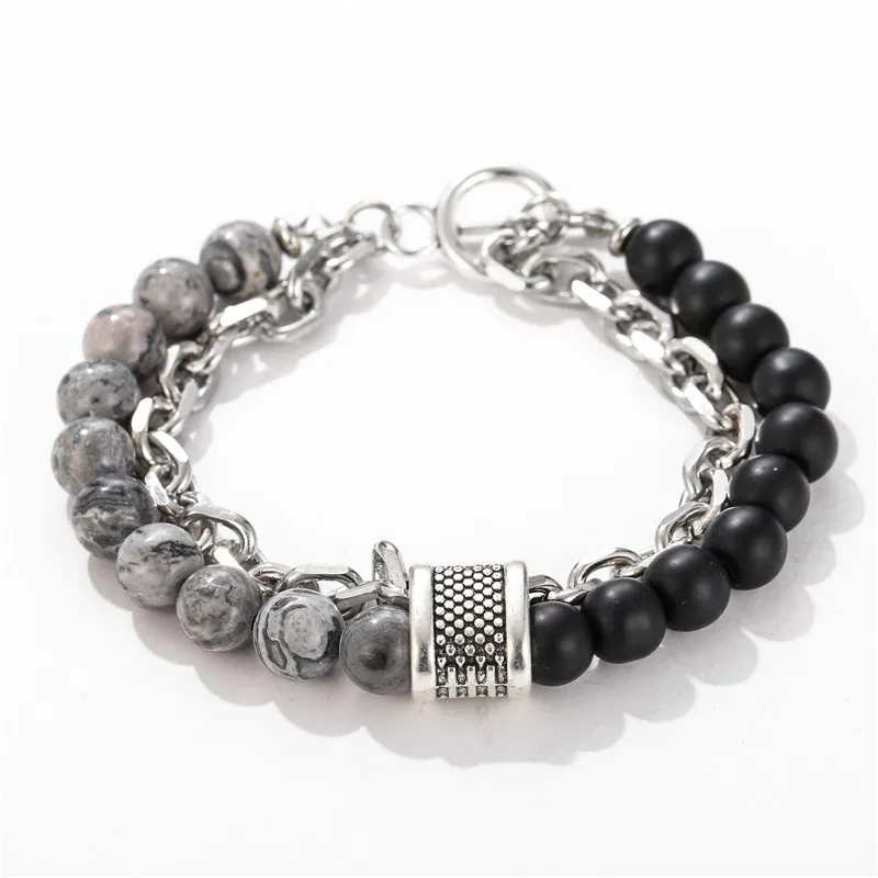 Stone Beaded Chain Bracelet With Tiger Eye And Howlite Marble_voghion.com