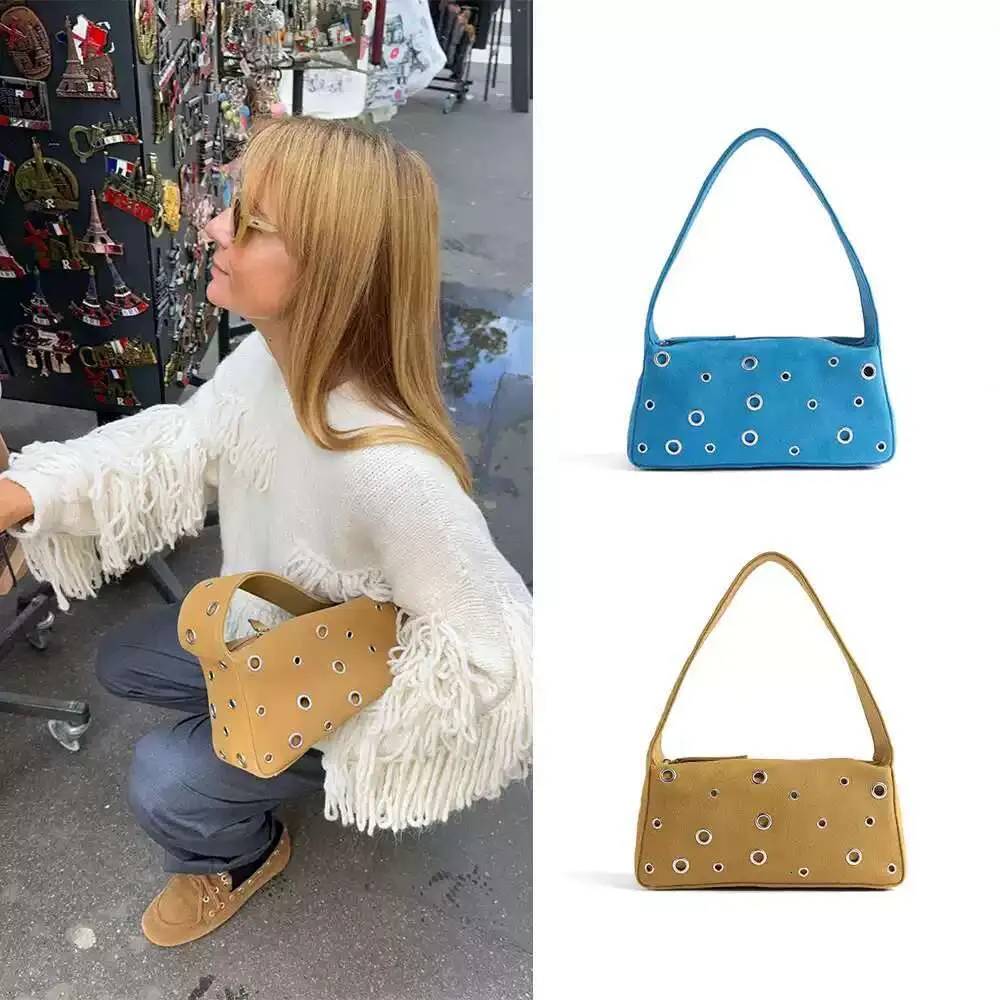 Sac à main en daim de créateur rétro à bandoulière avec rivets, couleur unie, sac à aisselle tendance_voghion.com
