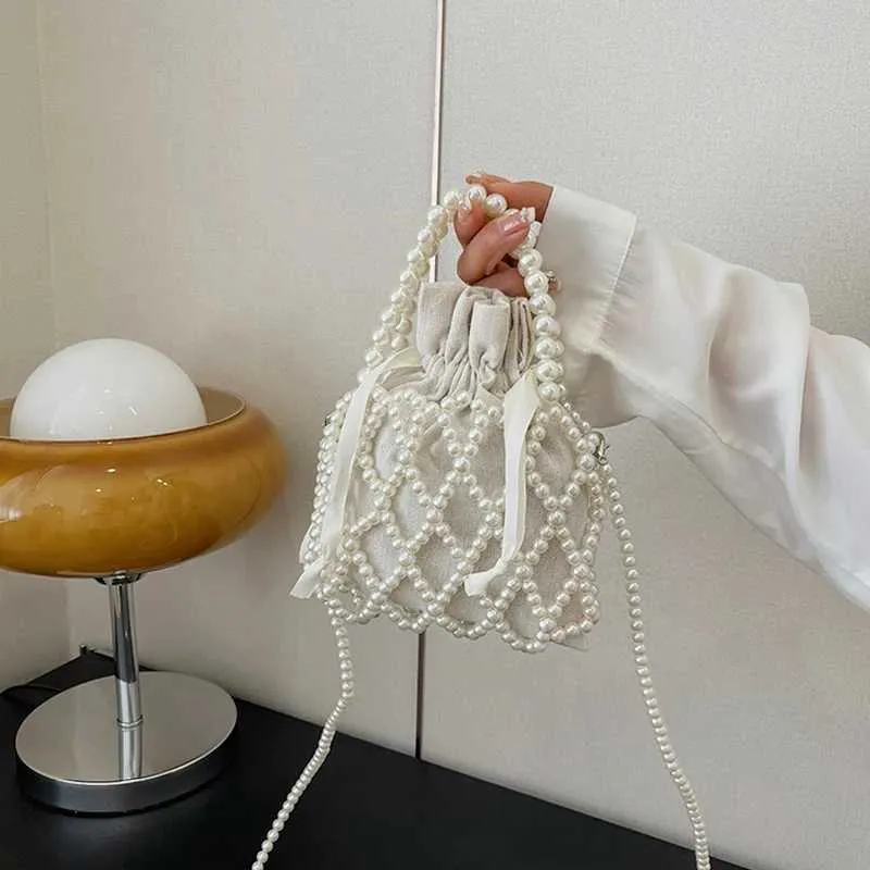 Borsa a tracolla in perle intrecciate a secchiello per donna, piccola borsa a mano con portafoglio, casual, con coulisse, portamonete da donna C241211_voghion.com