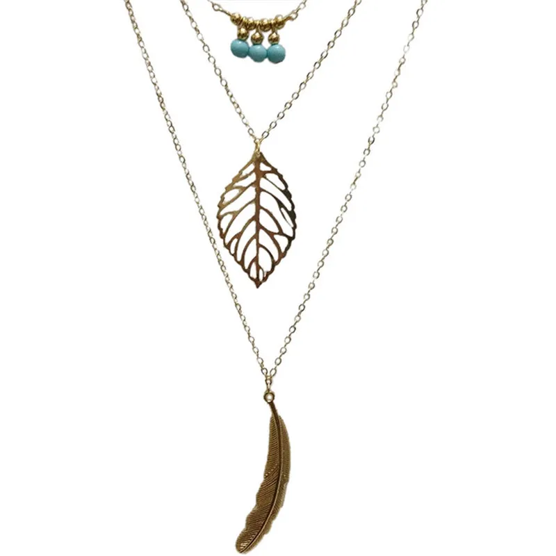 Collane con ciondolo Moda Natura Pietra Foglia Lunga Donna Collana a catena a 3 strati Gioielli bavaglino_voghion.com