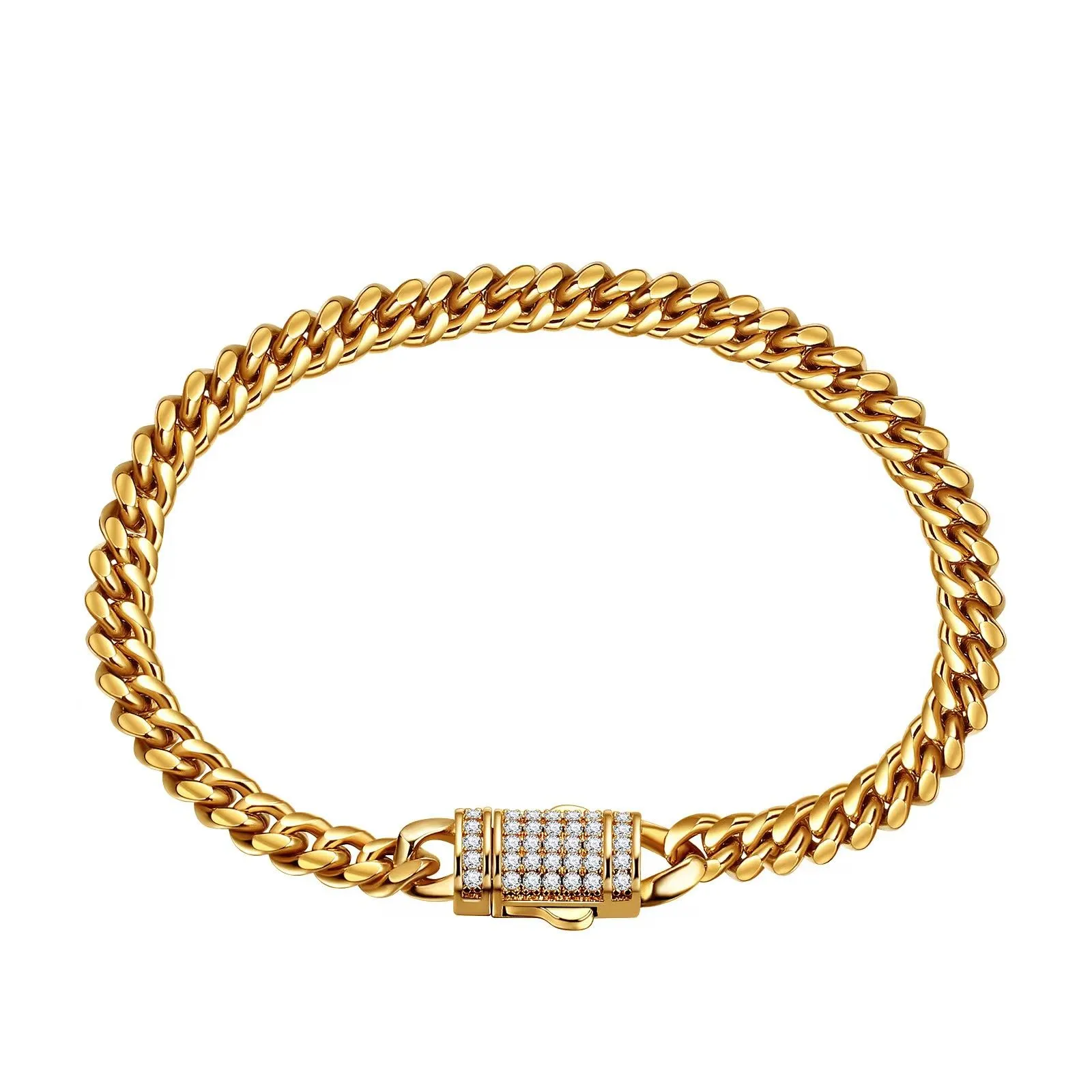 Golden Cuban Chain Necklace With White Diamond Accents_voghion.com