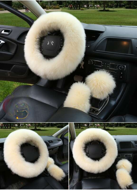 Car Steering Wheel Winter New Australian Sheepskin Fur Integrated Wool Handle Handbrake Cover_voghion.com