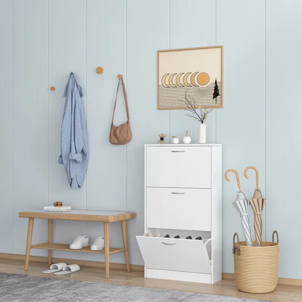 Shoe Cabinet For Entryway; White Narrow Shoe Storage Cabinet Flip Down Shoe Rack Wood 3 Tier Shoe Organizer For Home And Apartment_voghion.com
