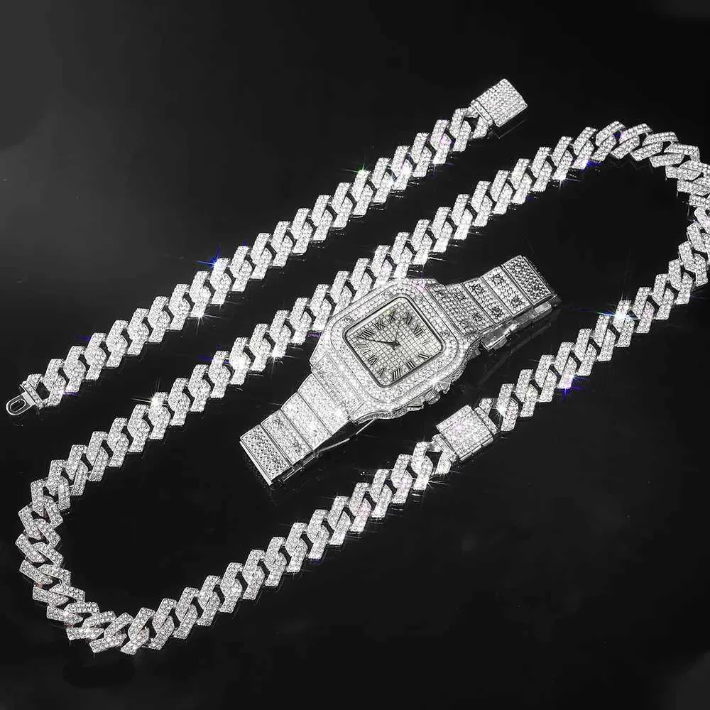Zelta vīriešu Kubas ķēdes hiphopa Maiami cirtaina ledus laikmeta kaklarota+rokassprādze ar mirdzošiem rhinestones elementiem_voghion.com