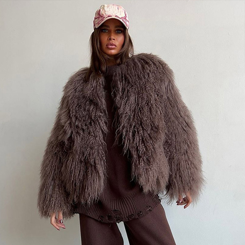 Chic Short-Length Faux Fur Jacket - Vegan Teddy Coat (S-XL, Chocolate Burgundy Cream , Boho Elegance)