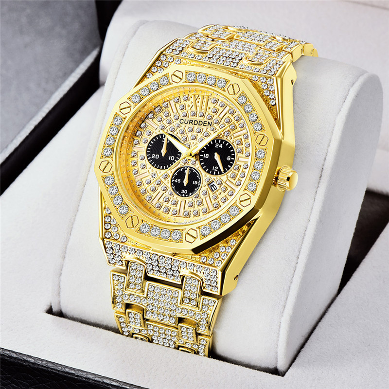 Men's Hip Hop Watch With Diamond Accents - Stylish Quartz Watch With Calendar Function, 41mm Round Dial, Alloy Band, Gold & Silver Options_voghion.com
