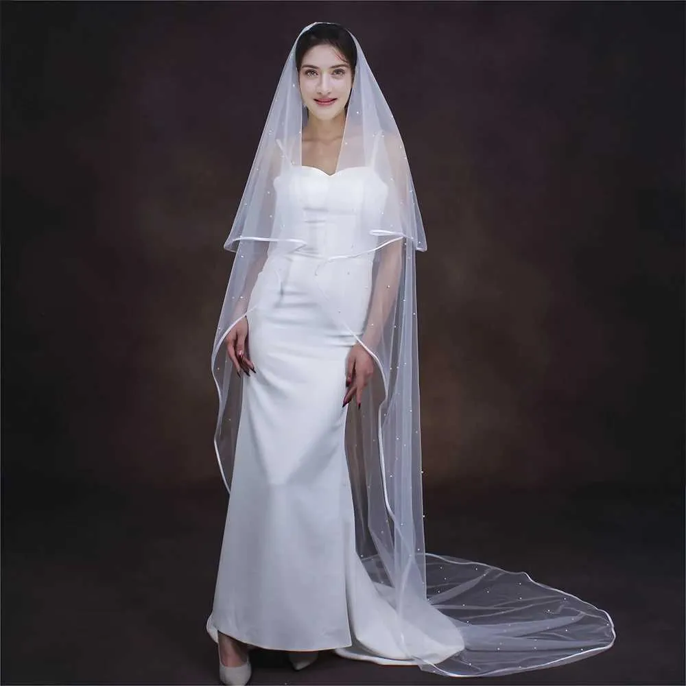 Haarschmuck Perlen Perlen Braut 2 Tier Lange Kathedrale Schleier Band Rand Mit Kamm Drop Stil Brautkleider_voghion.com