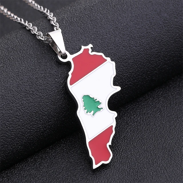 Colares de corrente com mapa do Líbano em aço inoxidável com pingentes de bandeira, cor prata/dourado_voghion.com