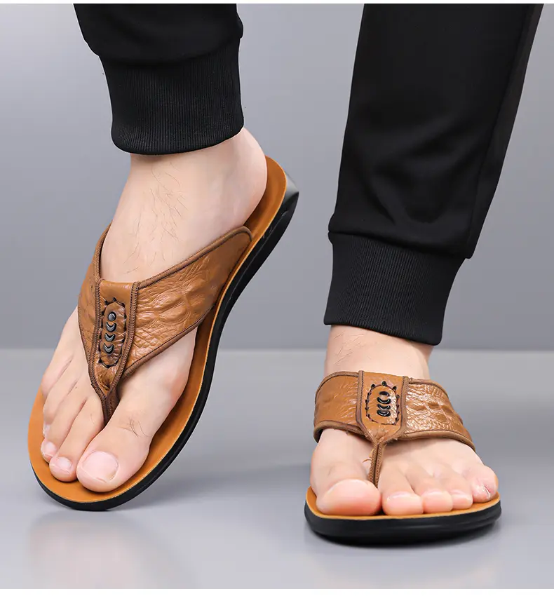 Men's Leather Flip Flops Casual Summer Beach Sandals For Men_voghion.com