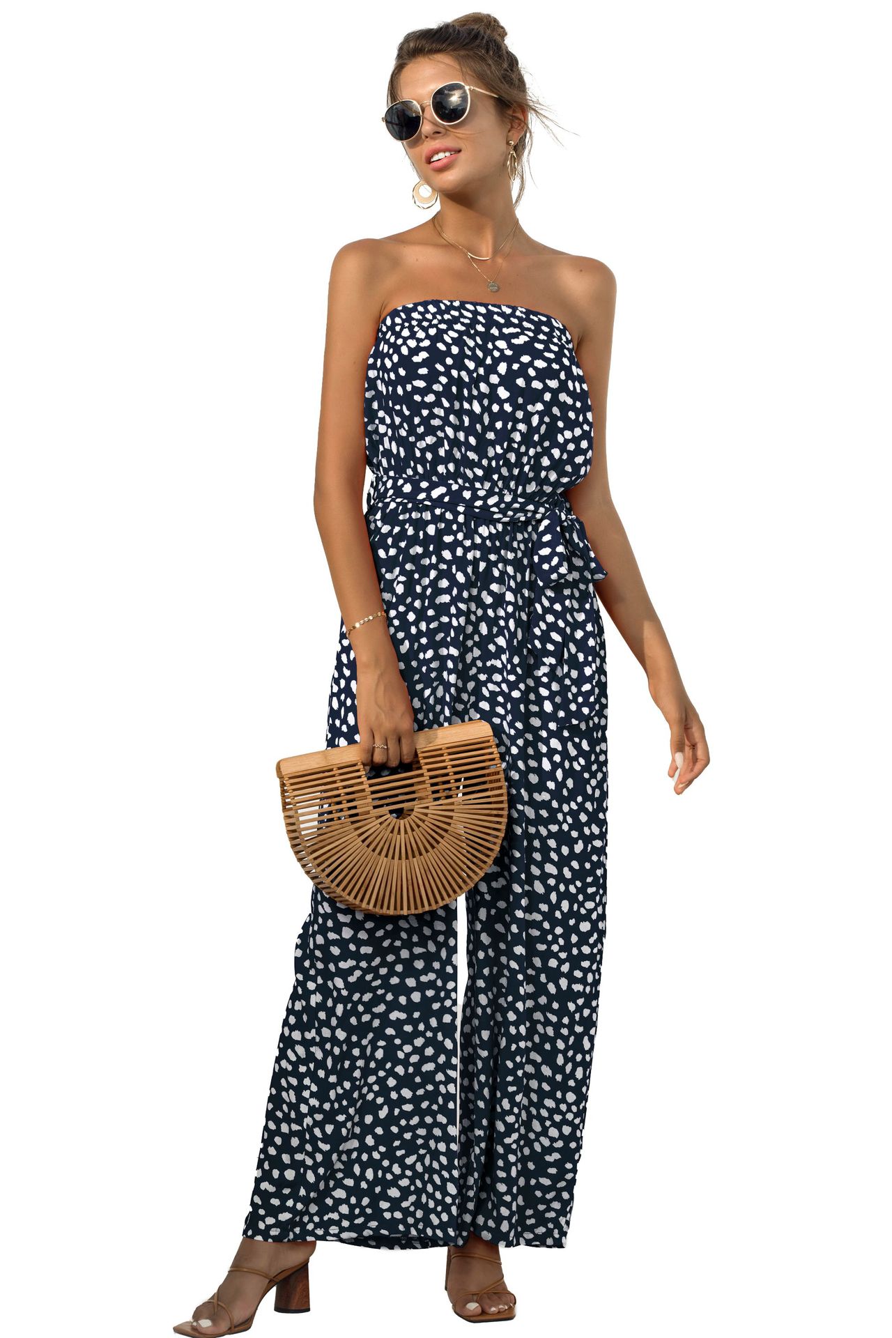 Nuevos productos de verano para mujer, nuevo mono de pierna ancha con cordones y estampado de lunares en forma de corazón y top de tubo sexy_voghion.com