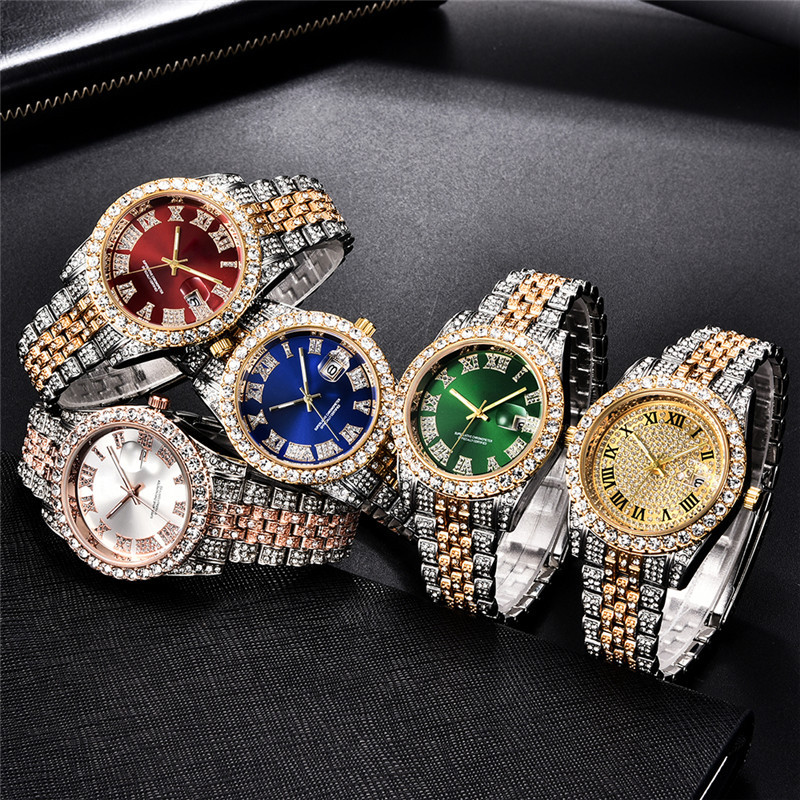 Hip hop Men Brand Full Diamond Alloy Band Date Watch_voghion.com