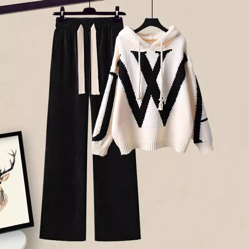 Women's Clothing salt light luxury suit meat covering college style hooded knitted sweater wide leg pants two piece suit
