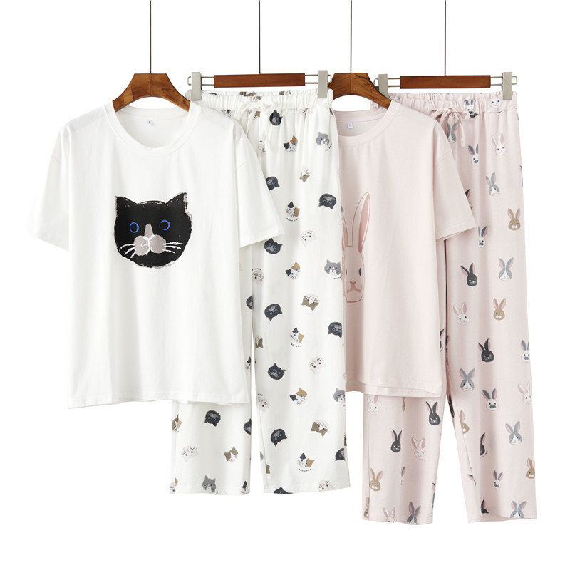 Nachtwäsche für Damen Pyjama für Damen, kurzärmelige Hose mit Cartoon-Katze und Kaninchen-Motiv, Heimanzug_voghion.com