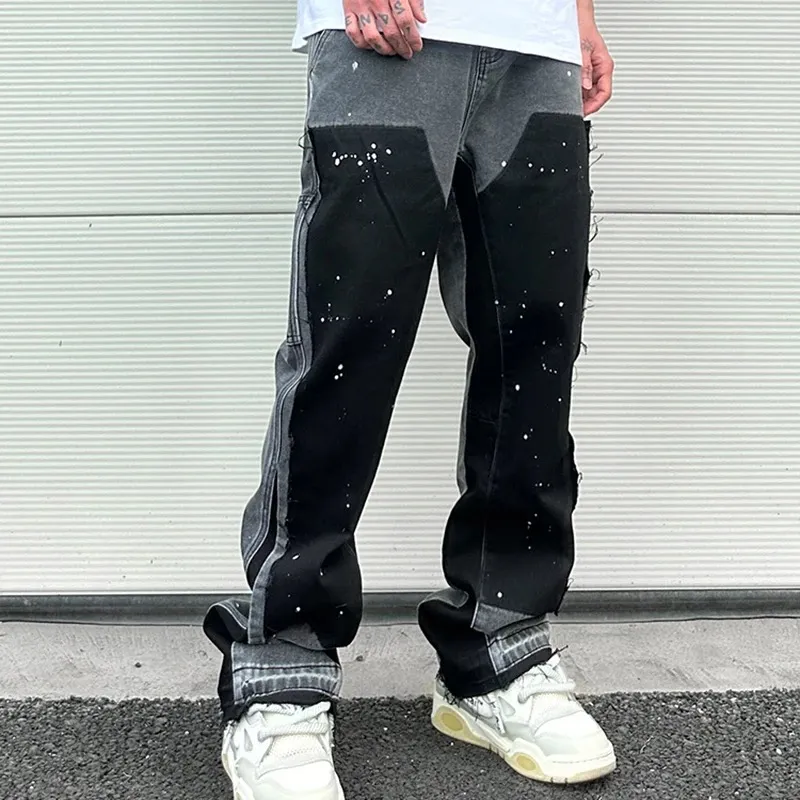 Men's Jeans European Ink Sprayed Flared For Men Contrast Color Looen Fit Streetwear Denim Clothes Open Hem Male's Baggy_mkmklike.com