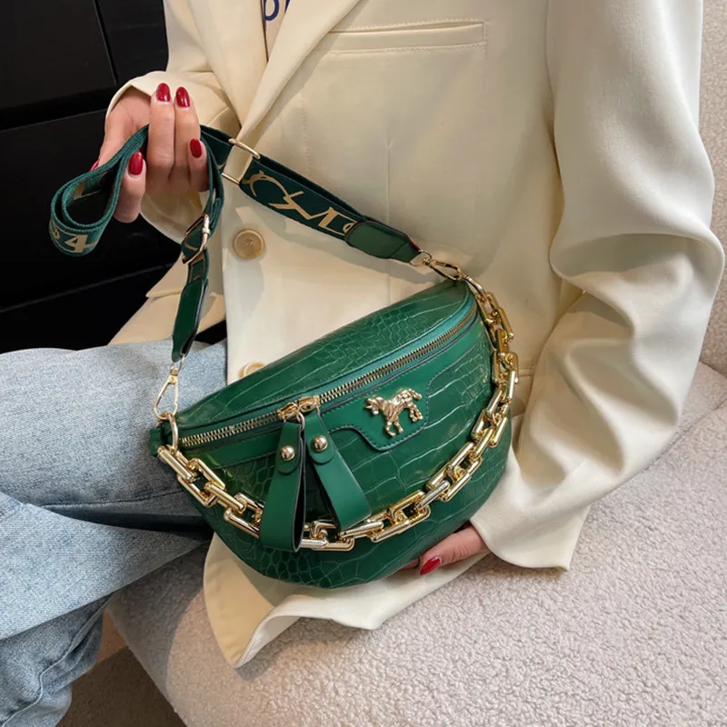 Thick Chain Women's Waist Fanny Pack Fashion Crossbody Chest Bags Female Belt Crocodile Shoulder Bag_voghion.com
