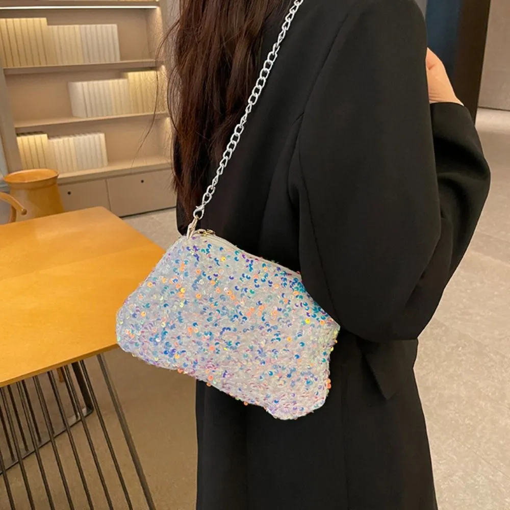 Borsa a tracolla con catena, tinta unita, stile coreano, con paillettes, per telefono, da sera, per cena e feste_voghion.com