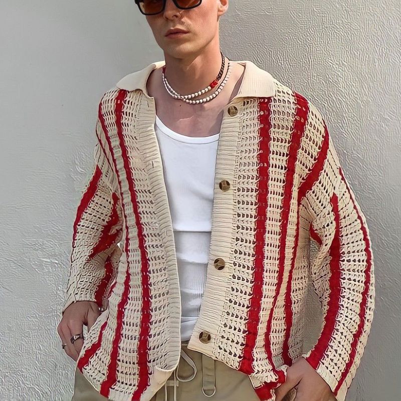 Men's clothing patchwork color knitted cardigan lapel coat all-match sweater_voghion.com