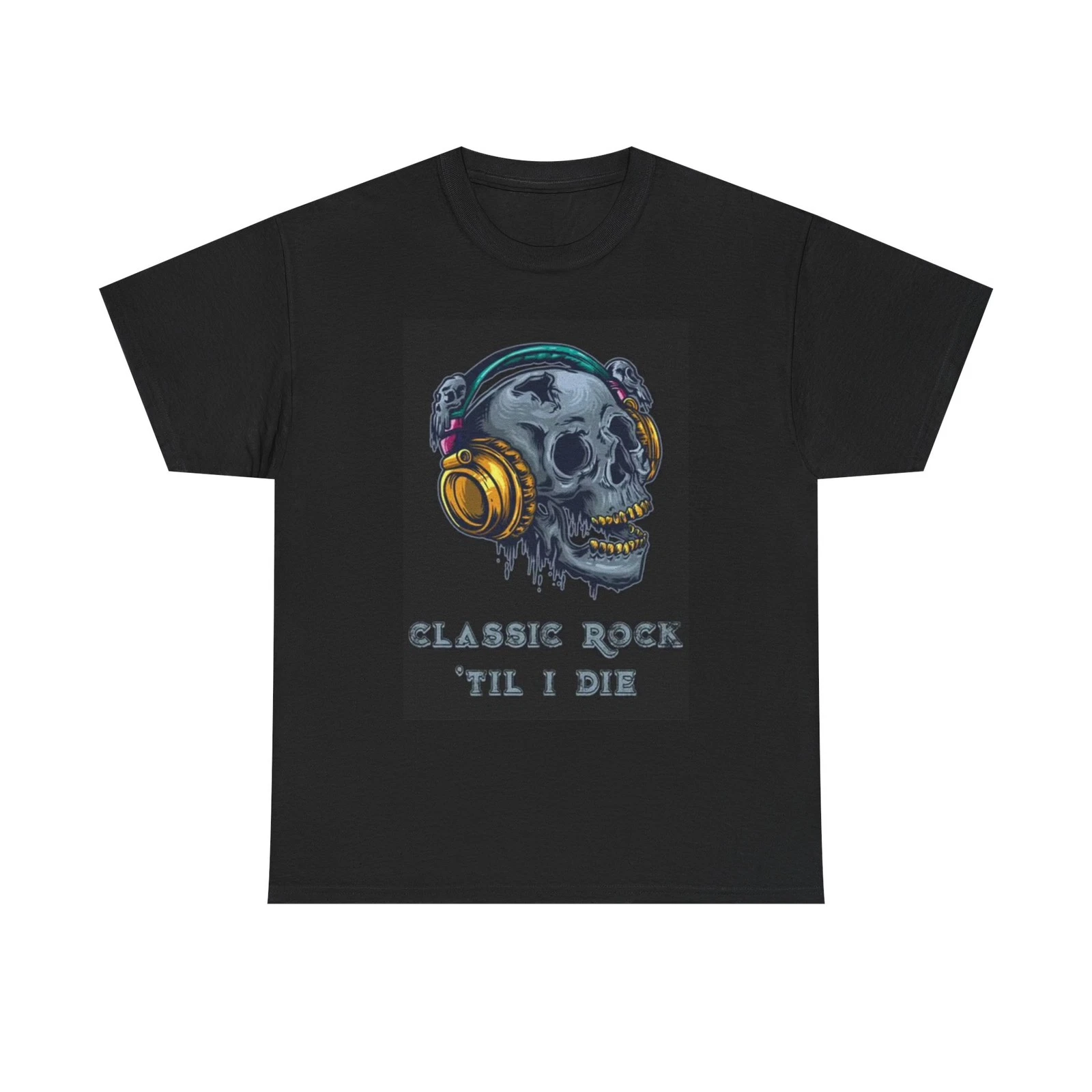 T-shirt rock classico unisex con grafica scheletro e cuffie_voghion.com