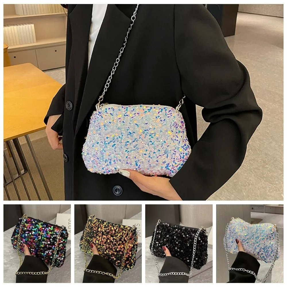 Borsa a tracolla con catena, tinta unita, stile coreano, con paillettes, per telefono, da sera, per cena e feste_voghion.com