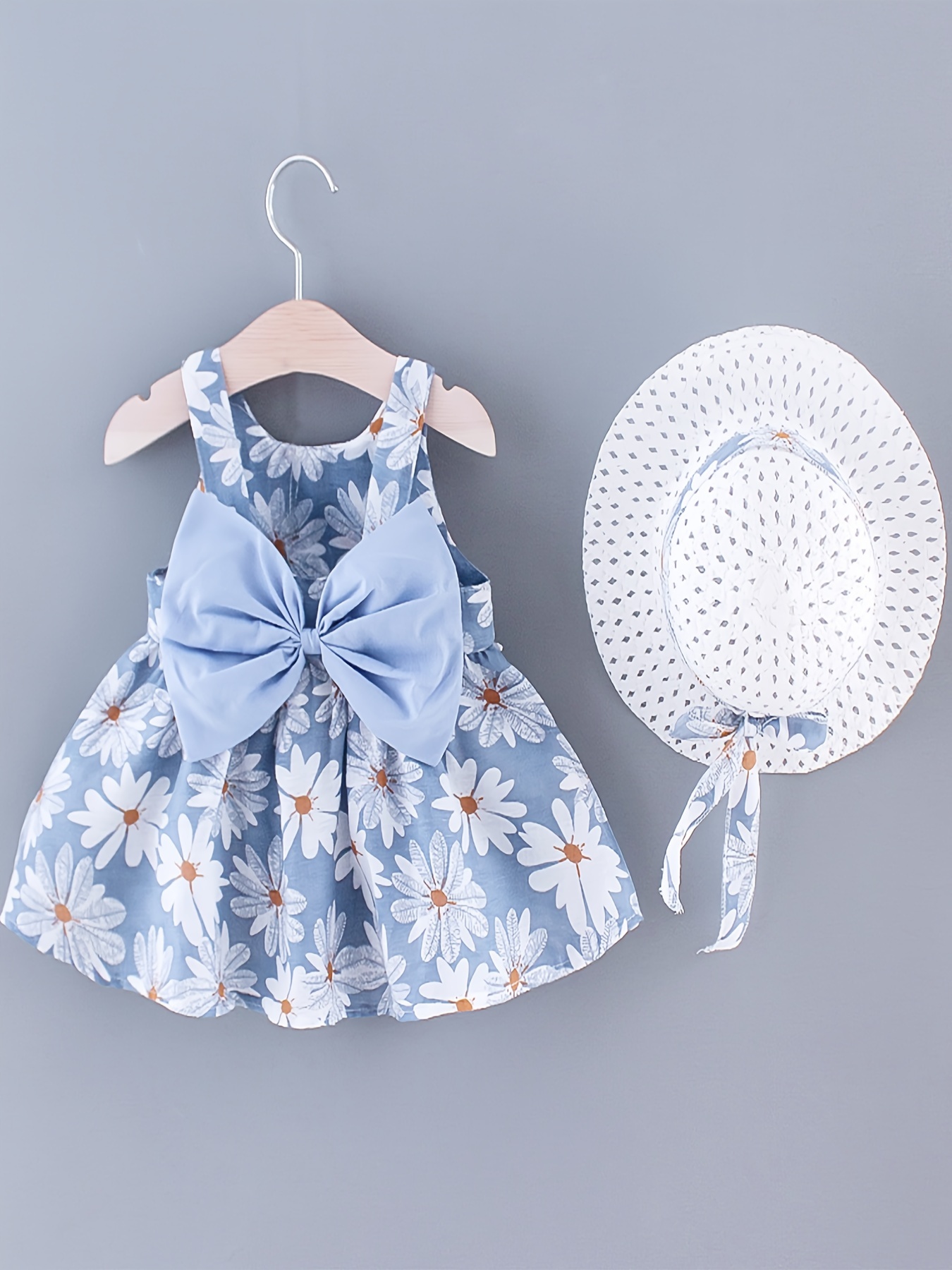 2pcs Baby Girls Sleeveless Daisy Print Back Big Bow Decor Beach Dress & Hat Set Kids Summer Clothes