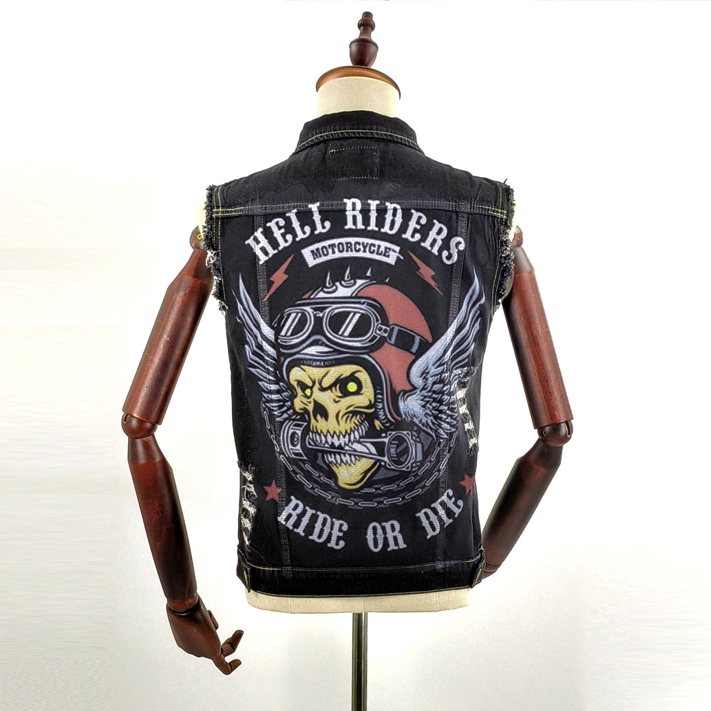 Lässiger Motorrad-Knochen-Print-Stil, modische und lässige Punk-Jeansweste für Herren 2288_voghion.com