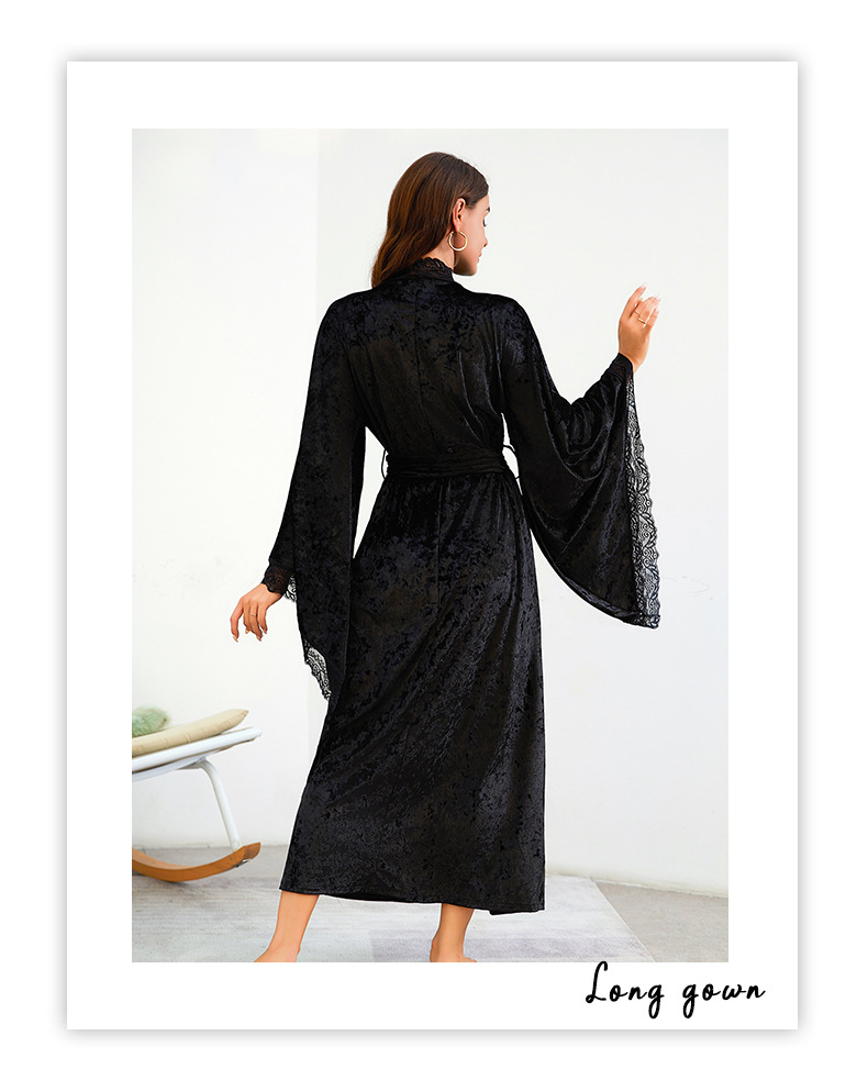 Women's clothing long bathrobe sexy lace light luxury long-sleeved velvet nightgown bathrobe home clothes_voghion.com