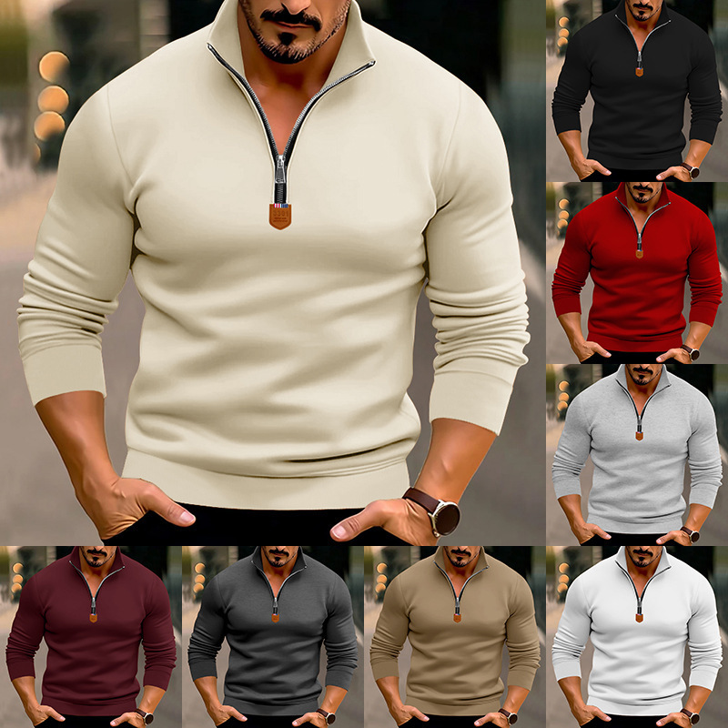 Men's Fleece Half-zip Stand Collar Hoodie Solid Colour Casual_voghion.com