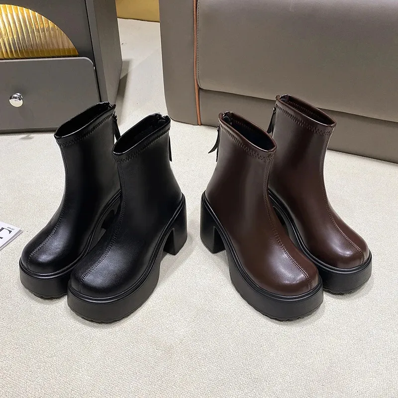 PU Leather Chunky Platform Ankle Women Back Zipper Thick Heeled Short Boots Woman Super High Heels Black Punk Shoes_voghion.com