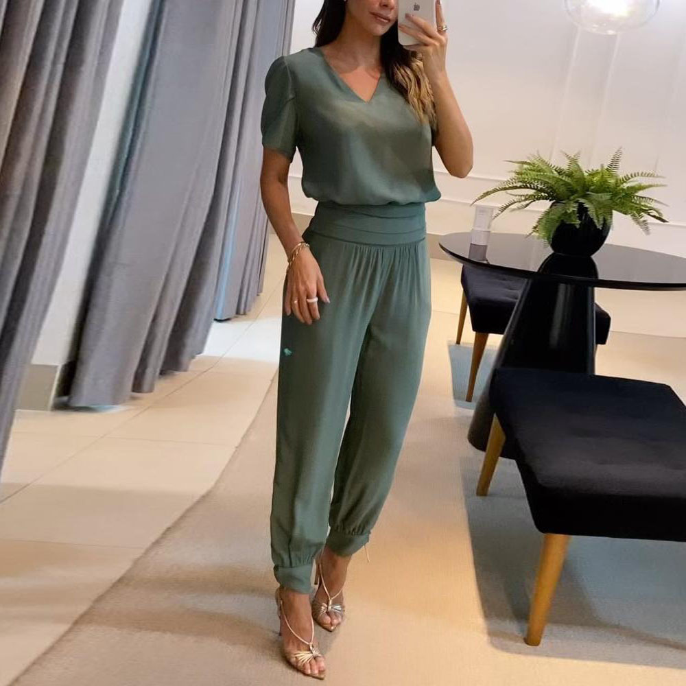 Ensemble deux pièces pour femmes, nouvelle mode et décontracté, col en v, imprimé, manches courtes, pantalon, deux pièces_voghion.com