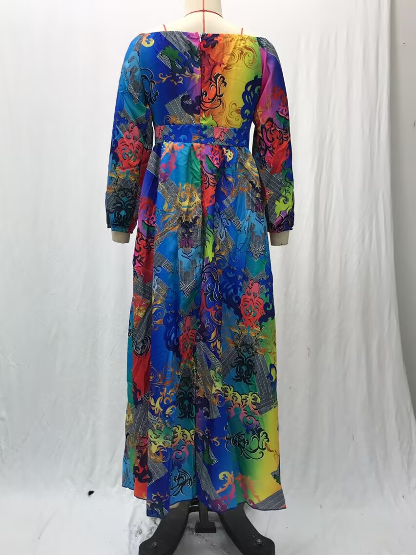 Dress Printed V-neck Retro Long Sleeve Swing Slit Long Dress_voghion.com