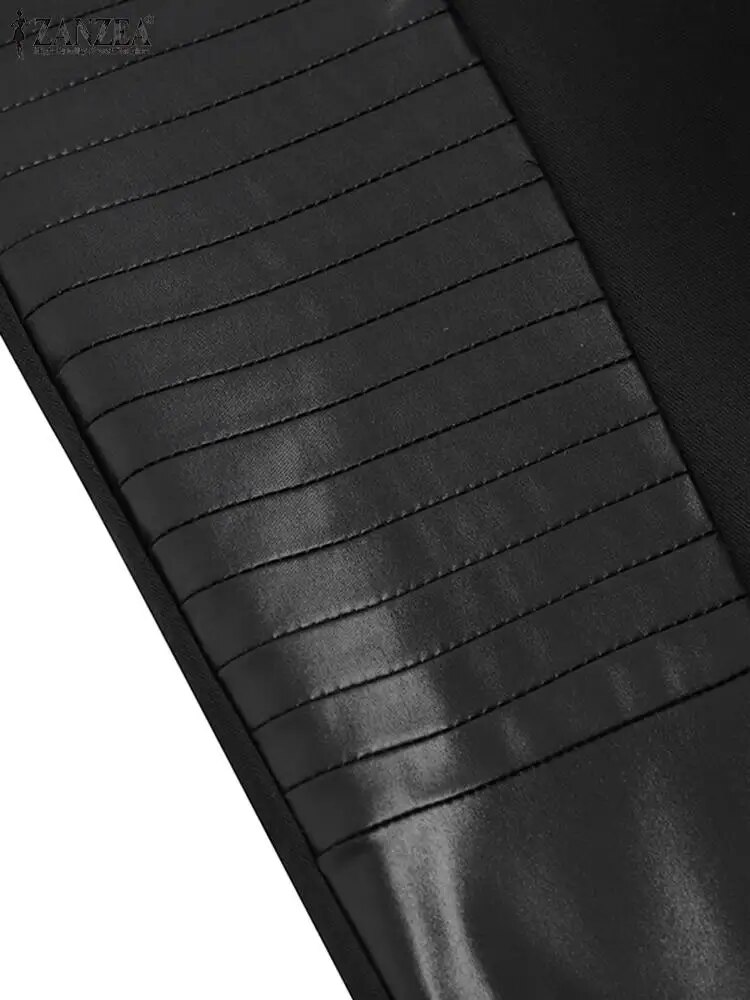 PLUS SIZE Dammen Skinny Leggings ZANZEA Moud PU Lieder 2023 Fréijoer Hierscht Patchwork Elastesch Hosen Casual Solid Reißverschluss_voghion.com