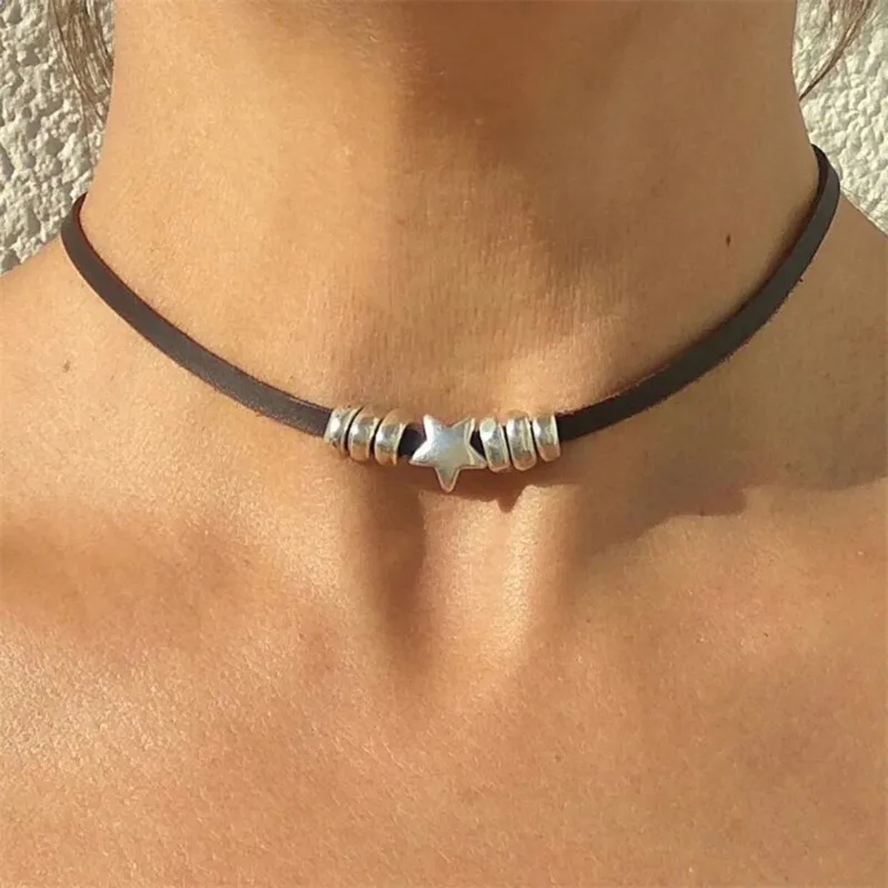 Collana choker stella boho collana pelle nera da donna_voghion.com