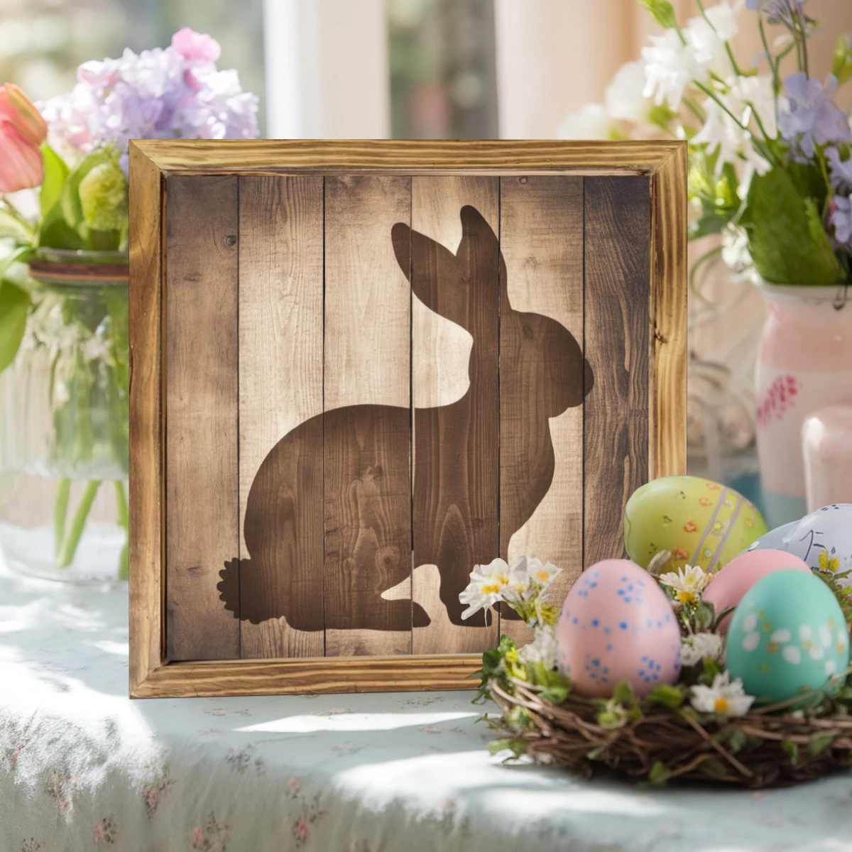 "8x8" Rustic Bunny Silhouette Wood Sign - Farmhouse Wall Art For Kitchen, Bedroom & Office | No Power | Easter/Housewarming Gift_voghion.com