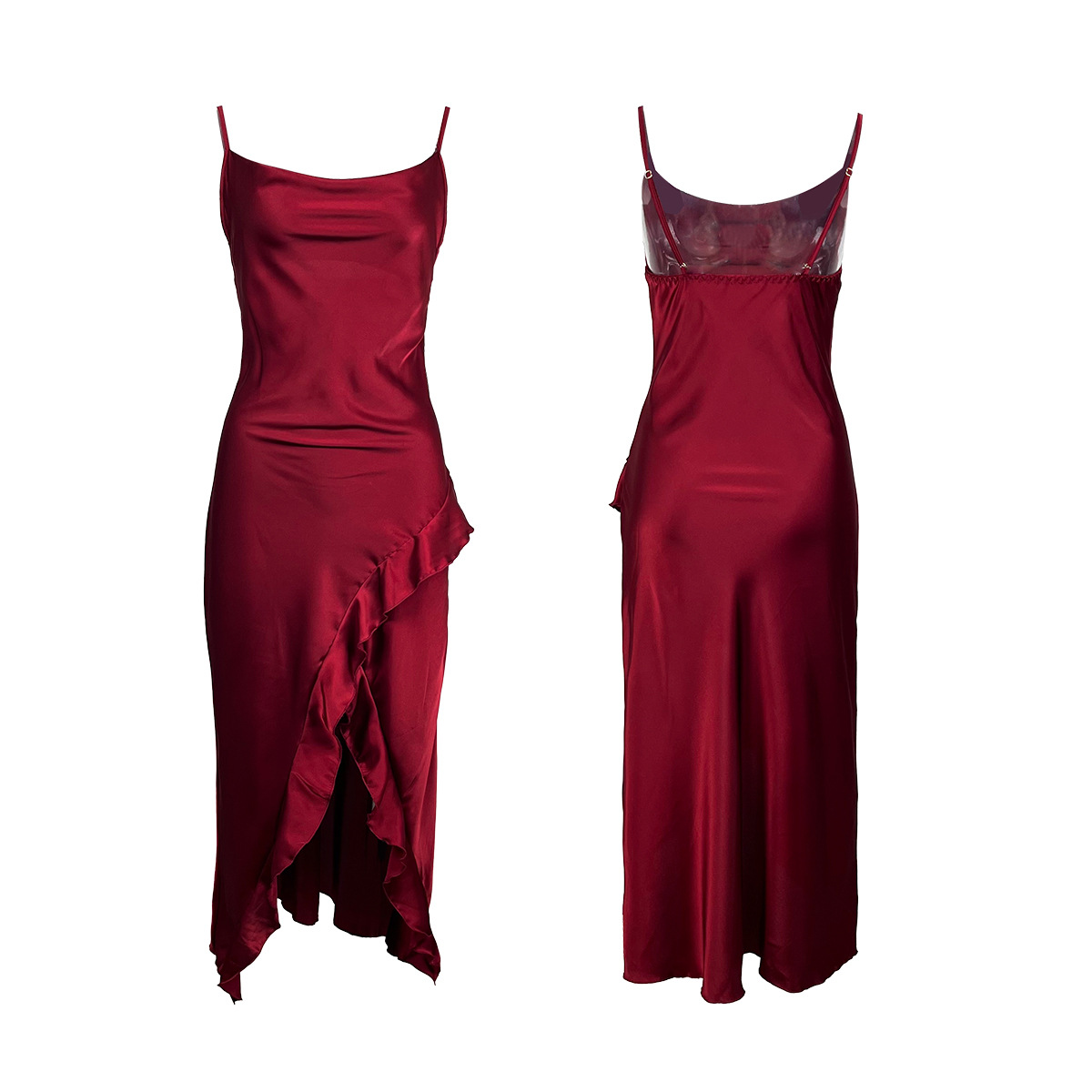 Roupas femininas net estilo vermelho novo suspender camisola sexy encantador folha de lótus bainha inferior dividir pijamas roupas para casa_voghion.com