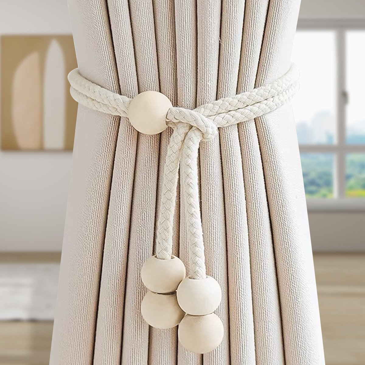 Cotton Rope & Wooden Bead Curtain Tiebacks – No-Hole Adjustable Drape Holders (Boho Style)