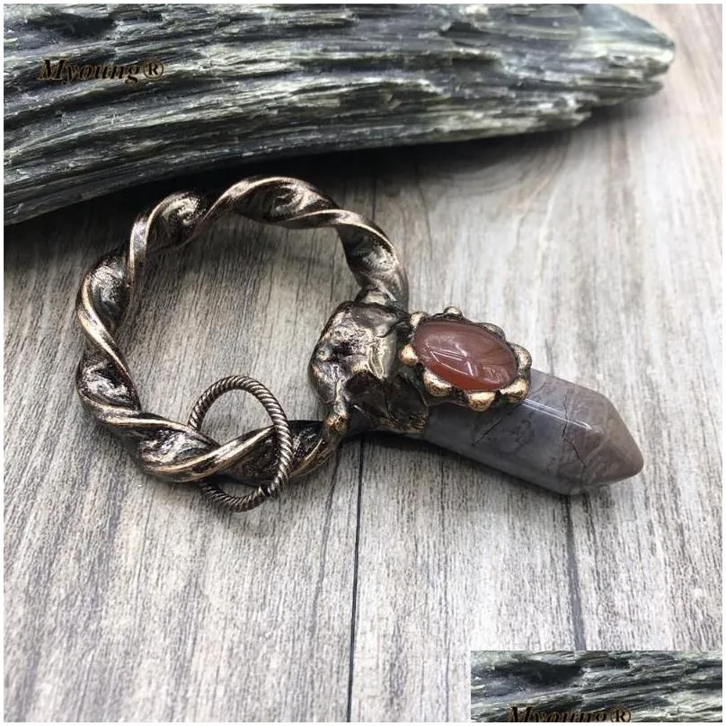 Natural Stone Pendant Necklace Large Hexagon Ocean Jasper Vintage_voghion.com