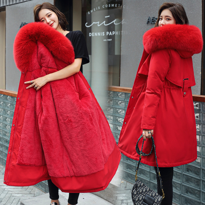 Women's Clothing new winter cotton padded coat, medium length, large fur collar, velvet lining, overcoat, cotton padded coat, trendy for women