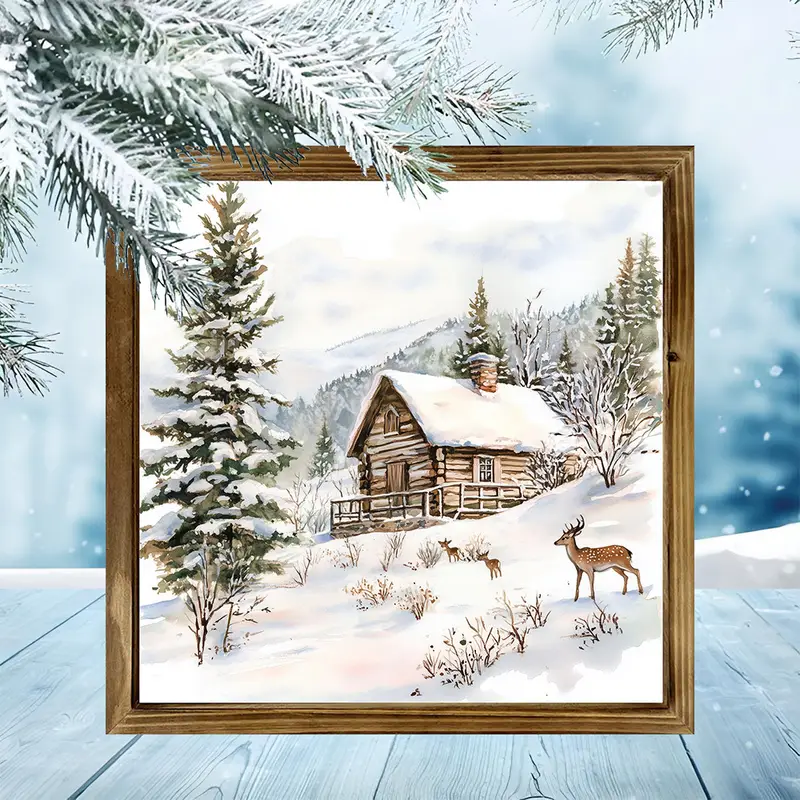 20x20 cm rustik julstuga och renväggkonst - fyrkantig träram, horisontell polerad träfinish, lätt presentplakett för högtider_voghion.com