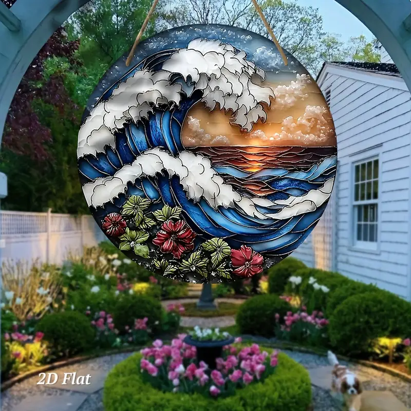 7.9in Ocean Wave Wooden Wall Art - Sunset & Floral Laser-Cut Design For Living Room & Office - Nautical Christmas/Birthday Gift_voghion.com