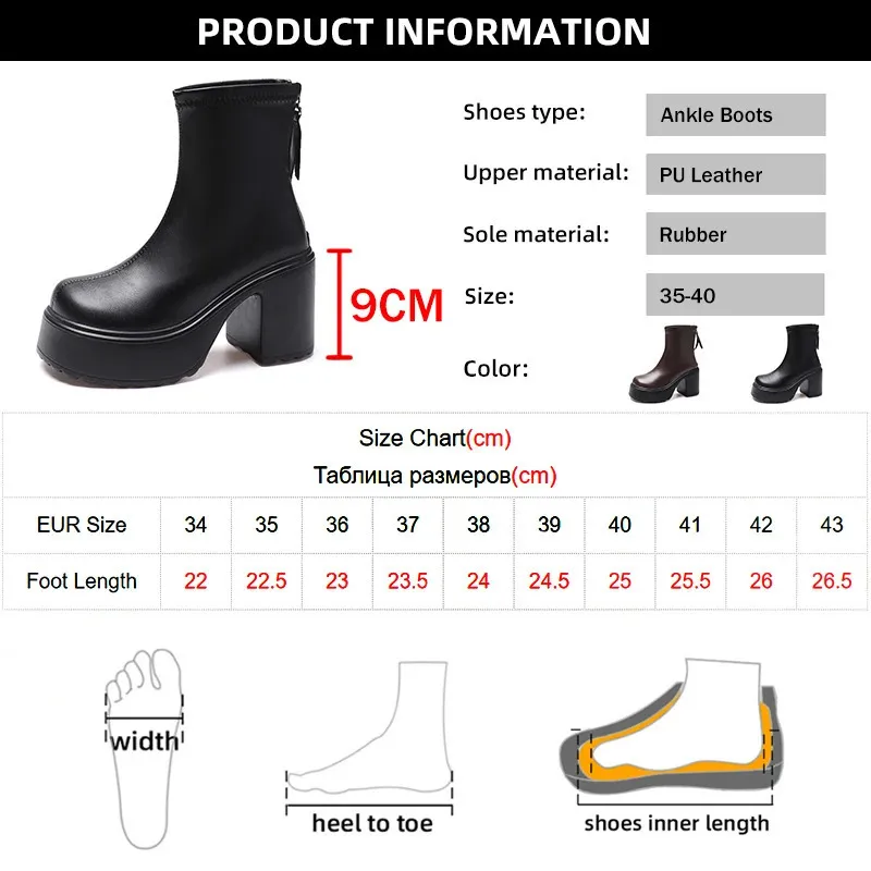PU Leather Chunky Platform Ankle Women Back Zipper Thick Heeled Short Boots Woman Super High Heels Black Punk Shoes_voghion.com
