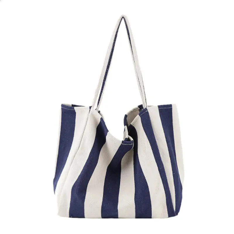 Fashion Ladies Classic Striped Canvas Handbag Large Capacity Shoulder For Female Simple Beach Casual tote Shopping Bag_voghion.com