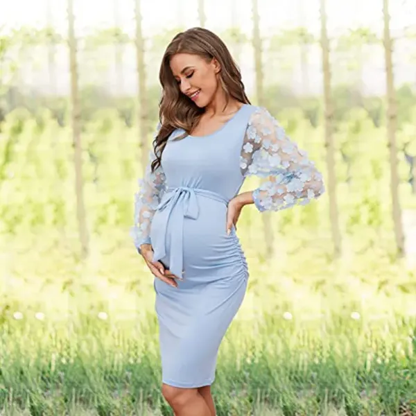 Women Flower Sleeved Photography Props Stretch Long Maternity Dresses for Pregnant Photo Shoot Clothing_voghion.com