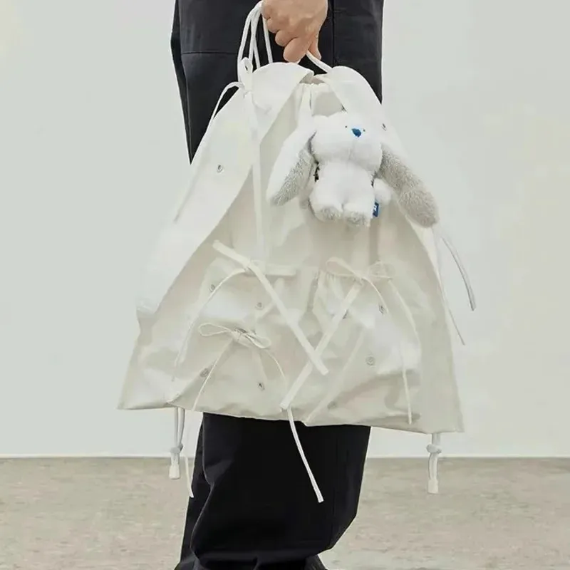 INS coreano coniglio orecchie fiocco lacci coulisse plissettato casual spalla femminile grande capacità tote borsa zaino leggero_voghion.com