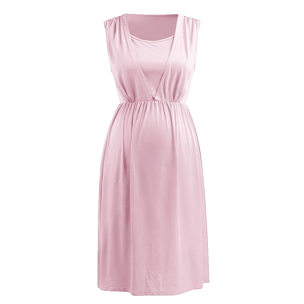 Robes de maternité 2024 col rond robe sans manches à la mode femmes enceintes vêtements allaitement grossesse Q06201_voghion.com
