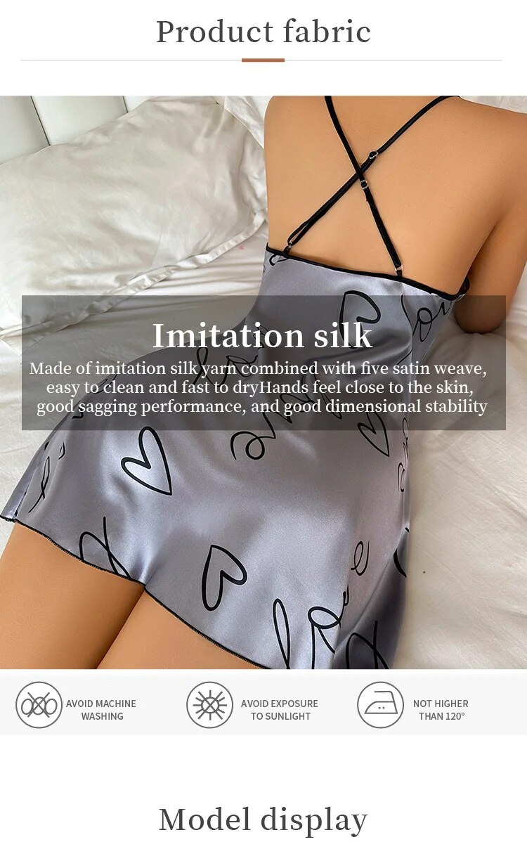 Dames casual grijze pyjama jurk indoor sexy korte rok kleine sling liefdesprint hartvormige pyjama dun gedeelte_voghion.com