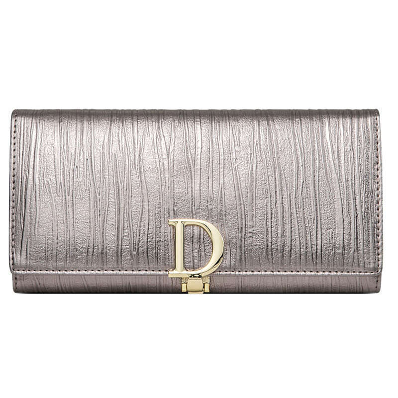 New D Button Women's Long Striped Genuine Cowhide Wallet_voghion.com